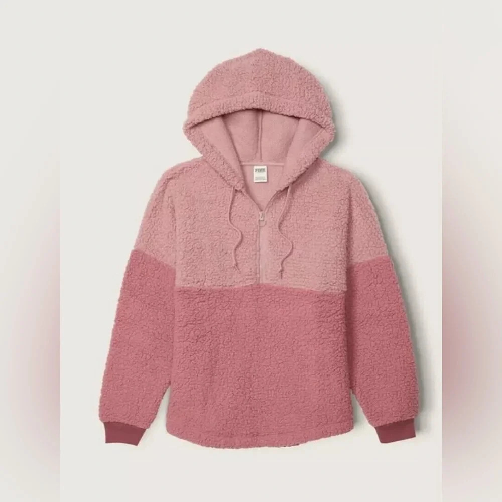 PINK Victoria’s Secret Varsity Sherpa Hoodie Size Large 1/4 Zip Pullover Pockets - Picture 3 of 10